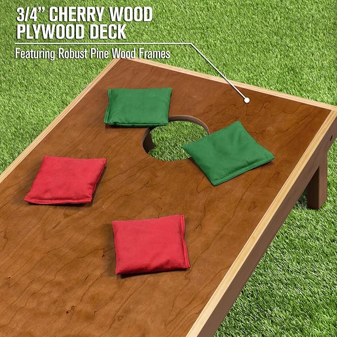 GoSports 4 ft x 2 ft Commercial Grade Cornhole Boards Set - Natural Wood Cornhole Boards, Choose from Different Bean Bag Color Combinations - Red & Dark Green