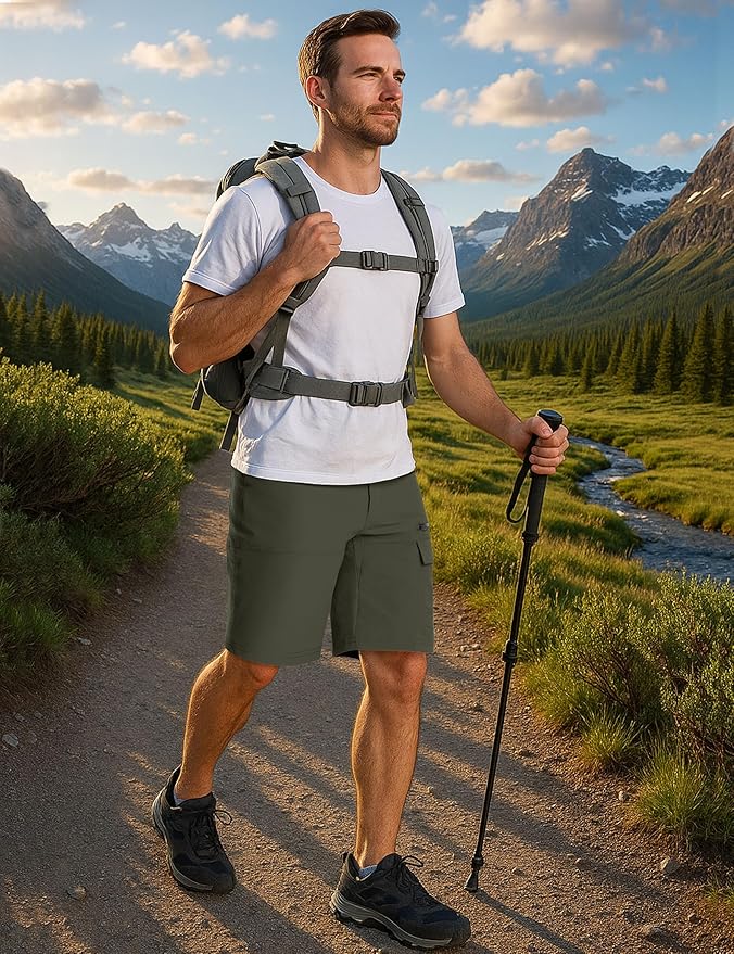 CRYSULLY Men's Hiking Cargo Shorts Outdoor Summer Lightweight Quick Dry Work Casual Shorts with 5 Zipper Pockets