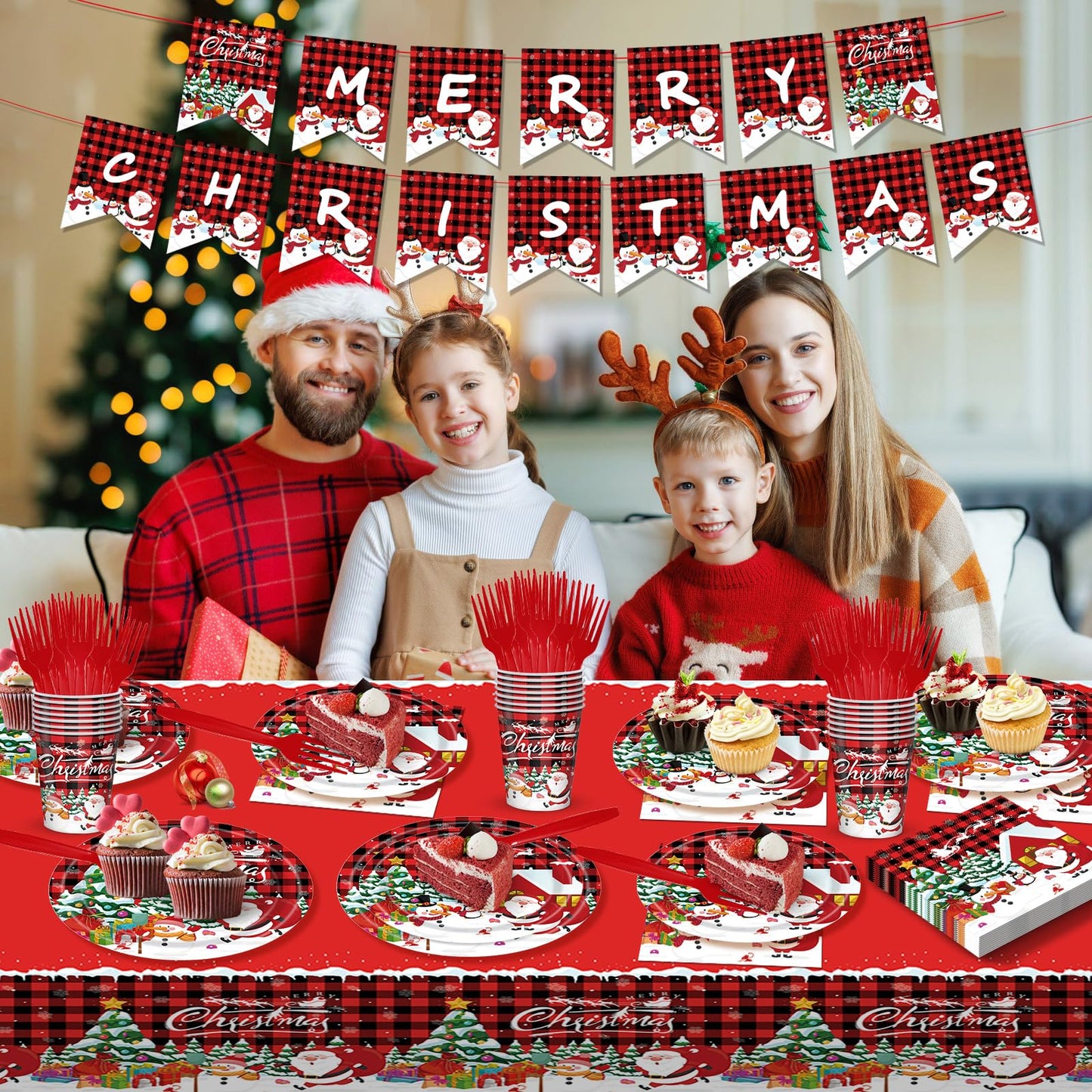 AWLZJZQA 122 PCS Christmas Party Supplies Serve 24 Guests Merry Christmas Plates and Napkins Party Decorations Disposable Dinnerware Decor Snowman Santa Claus Red Grid