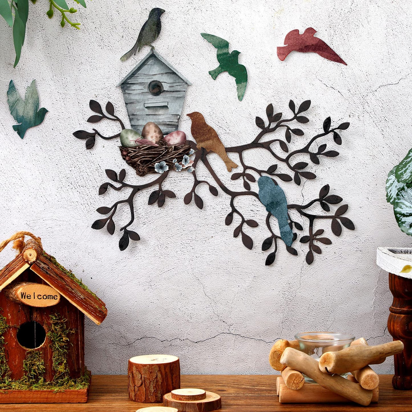 Tatuo Metal Bird Wall Art Birds on The Branch Wall Decor Hanging Metal Sculpture Silhouette Tree with Birdhouse for Living Room Tree Leaf Decor for Indoor Outdoor Garden Bedroom Office Home Party
