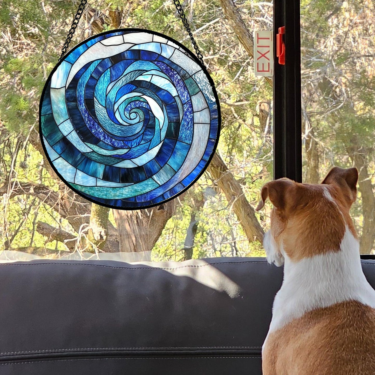 CRISGIF Stained Glass Window Hanging - Blue Abstract Swirl Suncatcher for Doors Garden Patio Unique Sun Catchers Decor Christmas Mother's Day Birthday Gifts for Women Men Mom Nana Friend 9.8 in