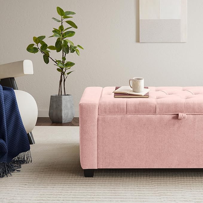 GRAINELL Storage Ottoman Bench, Upholstered Tufted Bedroom Bench with Storage, End of Bed Storage Bench for Living Room & Entryway, 350 lb Capacity, Linen Pink