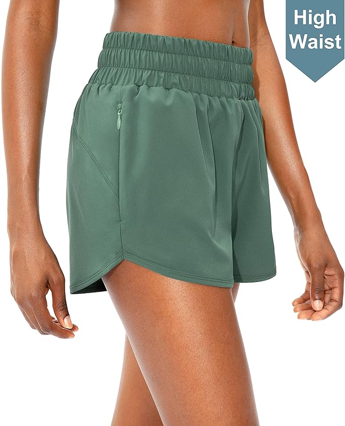 SANTINY Women's Running Shorts with Zip Pockets High Waisted Athletic Workout Gym Shorts for Women with Liner
