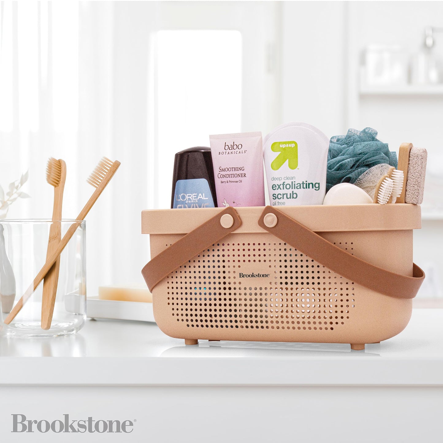 Brookstone Modern Large Portable Shower Caddy with Soft Silicone Carrying Handle, Bathroom Organizer Basket, Plastic Bath Tote and Shower Organizer, Quick Dry Drainage Holes, BPA Free, Blush