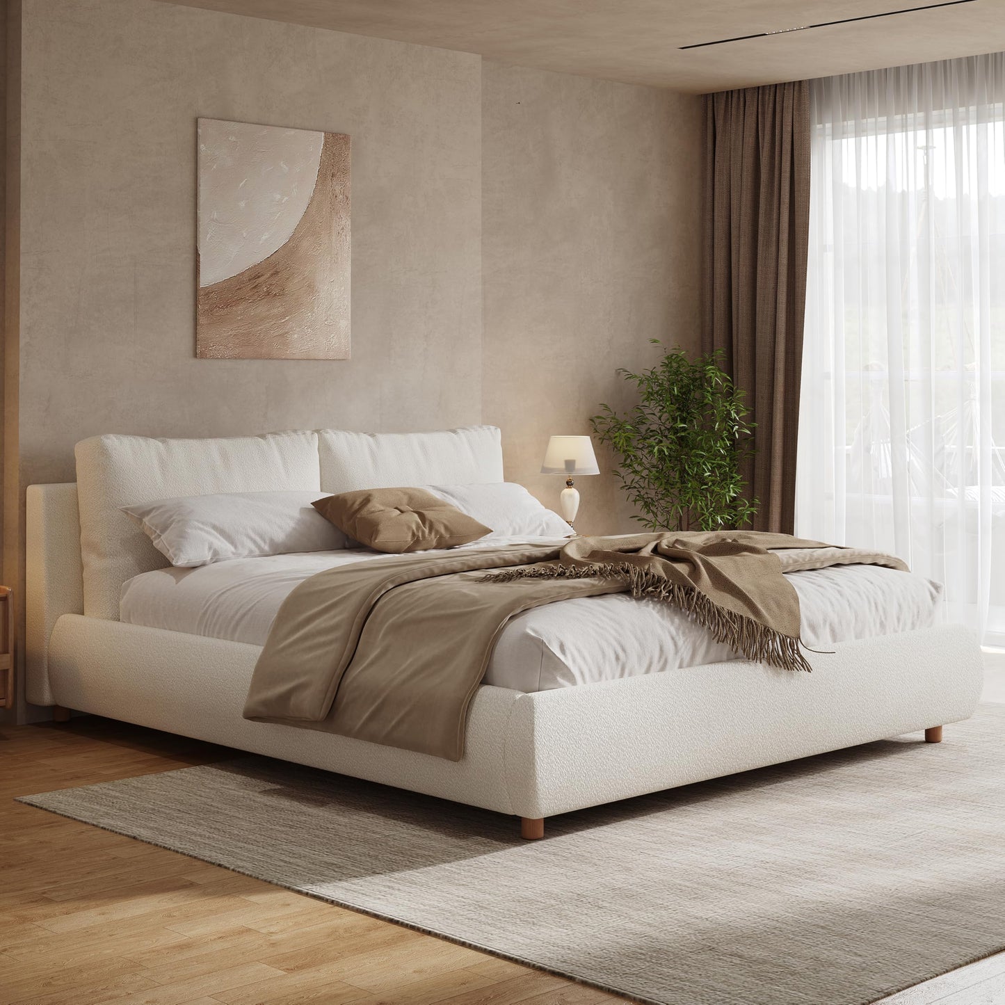 Christopher Knight Home Hazel Queen Size Bed Frame, Upholstered Platform Bed, Soft Boucle Queen Headboard, Removable Pillows Headboard, Wood Slats Support, No Box Spring Needed, Easy Assembly, White