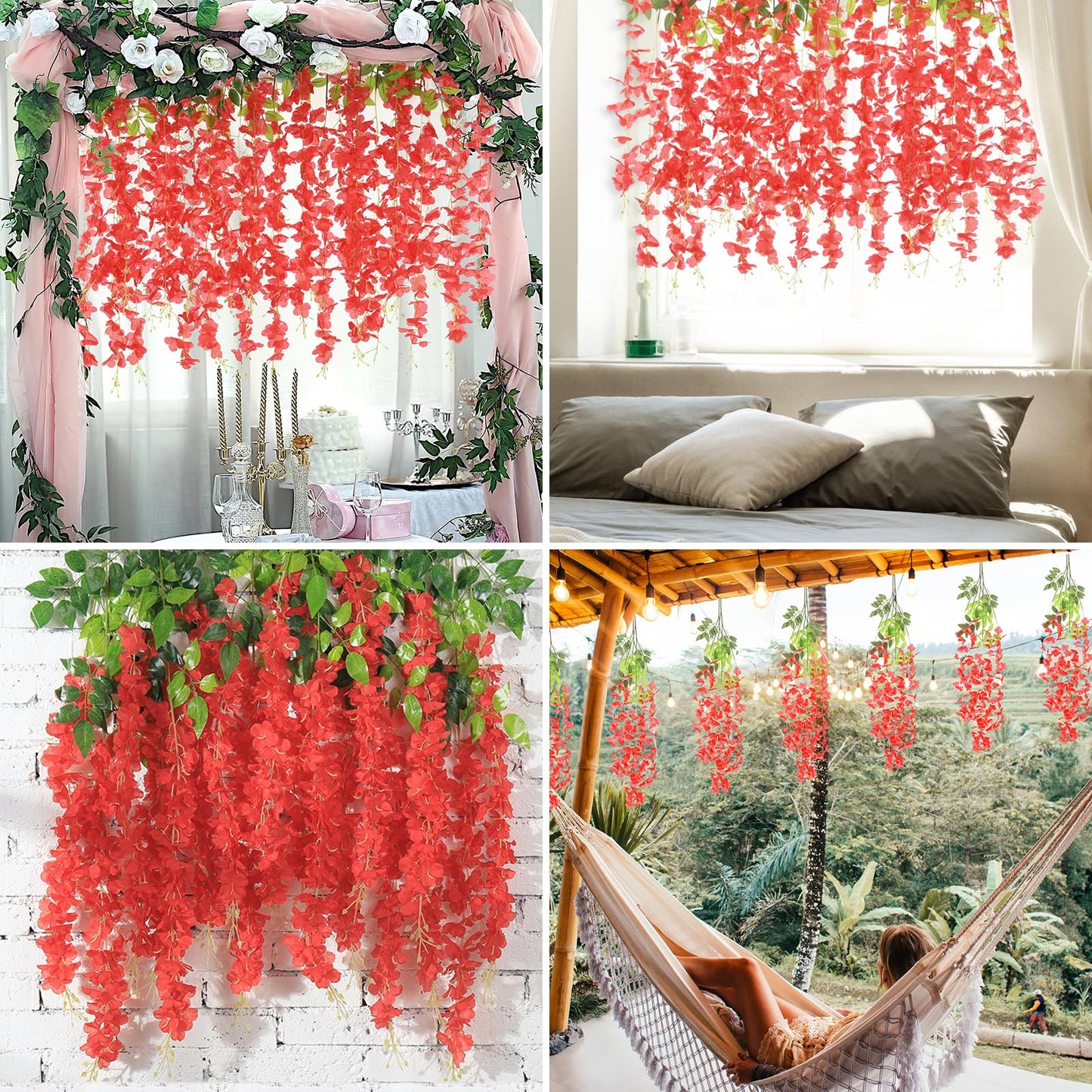 BLEUM CADE Artificial Wisteria Hanging Flowers, 10 Pcs Red, 3.6Ft/Pcs, Decorative Plant Garland for Home, Wedding, Party Decorations