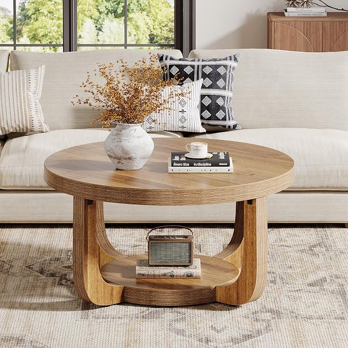 Tribesigns Round Coffee Table, 2-Tier Circle Coffee Table with Storage, Modern Wooden Accent Center Table for Living Room, Thick Tabletop & Base (Rustic Brown)