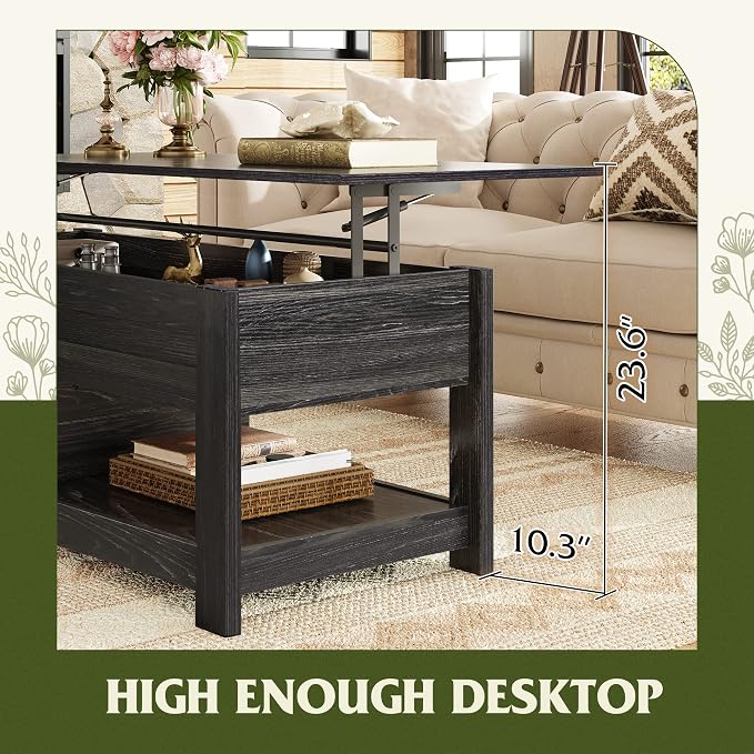 WLIVE Coffee Table, 47" Lift Top Coffee Table with Hidden Compartment and 2 Storage Shelves for Living Room, Black Oak