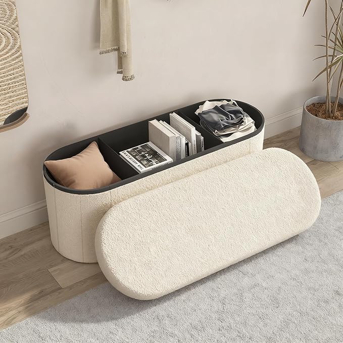 GLAXYFUR Oval Storage Ottoman Bench, Sherpa Foot Rest, 43 Inch Folding Chest for Living Room, Bedroom (Beige)