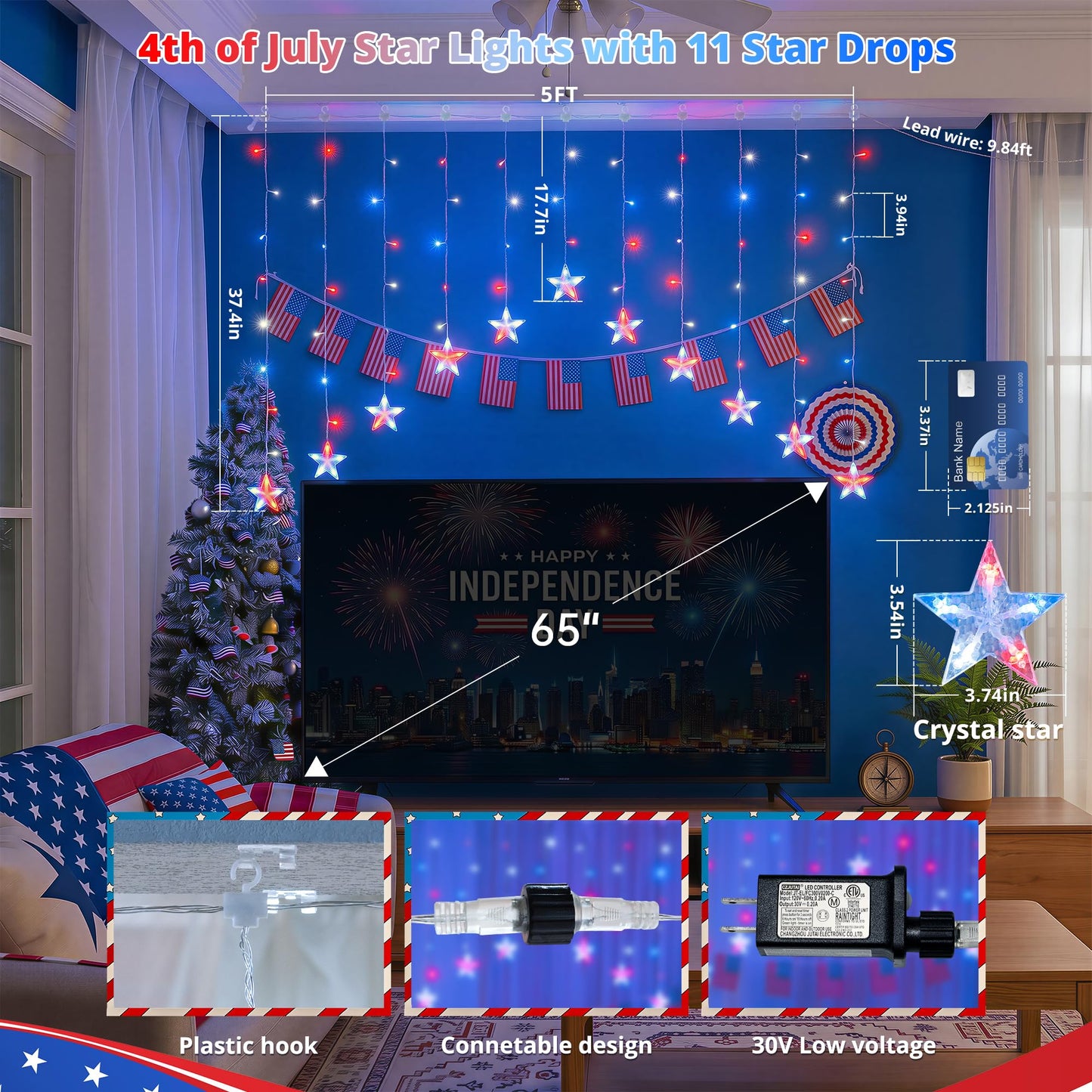 woohaha 4th of July Patriotic Star Icicle Lights,118LED Red White and Blue Curtain Window Lights,Connectable Star String Light Plug in for Independence Day,Garden,Fourth of July Decorations