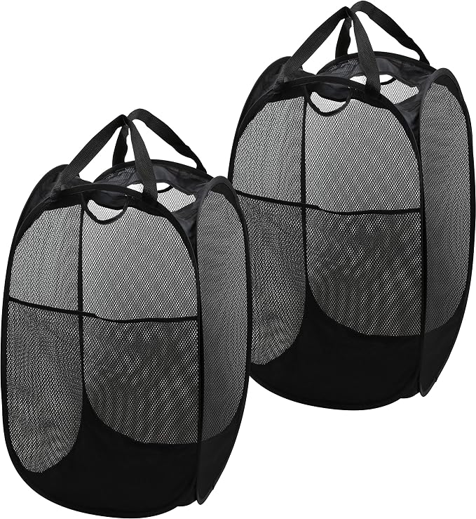 Simple Houseware Mesh Pop-Up Laundry Hamper Basket with Side Pocket, Black - 2 Pack