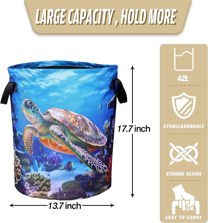 Sea Turtle Laundry Basket Animal Foldable Oxford Cloth Funny Tote Bag Laundry Hamper Clothes Storage Bucket Organizer For Bathroom/Laundry Storage/Bedroom 18.9x16.5 Inch