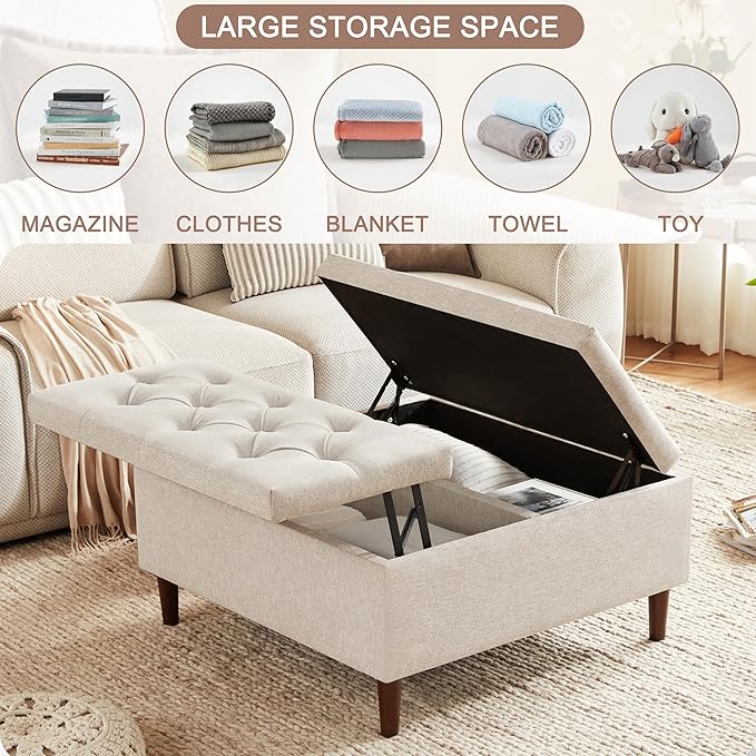 Weture 35 Inch Extra Large Storage Ottoman Coffee Table, No Assembly Required, Oversized Square Ottoman with Storage, Tufted Upholstered Ottomans Coffee Table for Living Room (Fabric, Beige)
