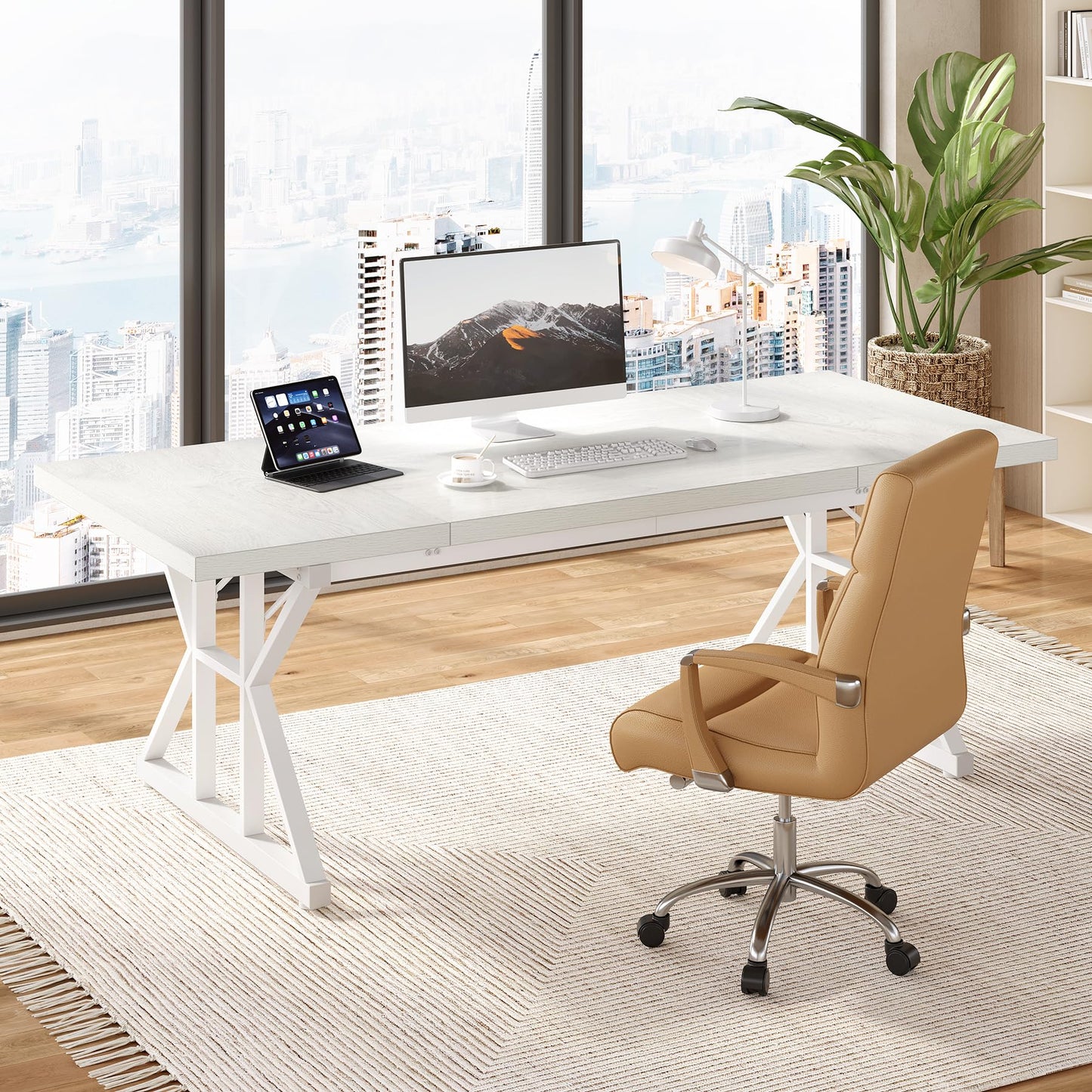 LITTLE TREE 70.8-Inch Large Executive Desk, Extra Long Computer Office Desk Workstation, Modern Simple Style Laptop Table, Sturdy Wooden Writing Workstation for Home White