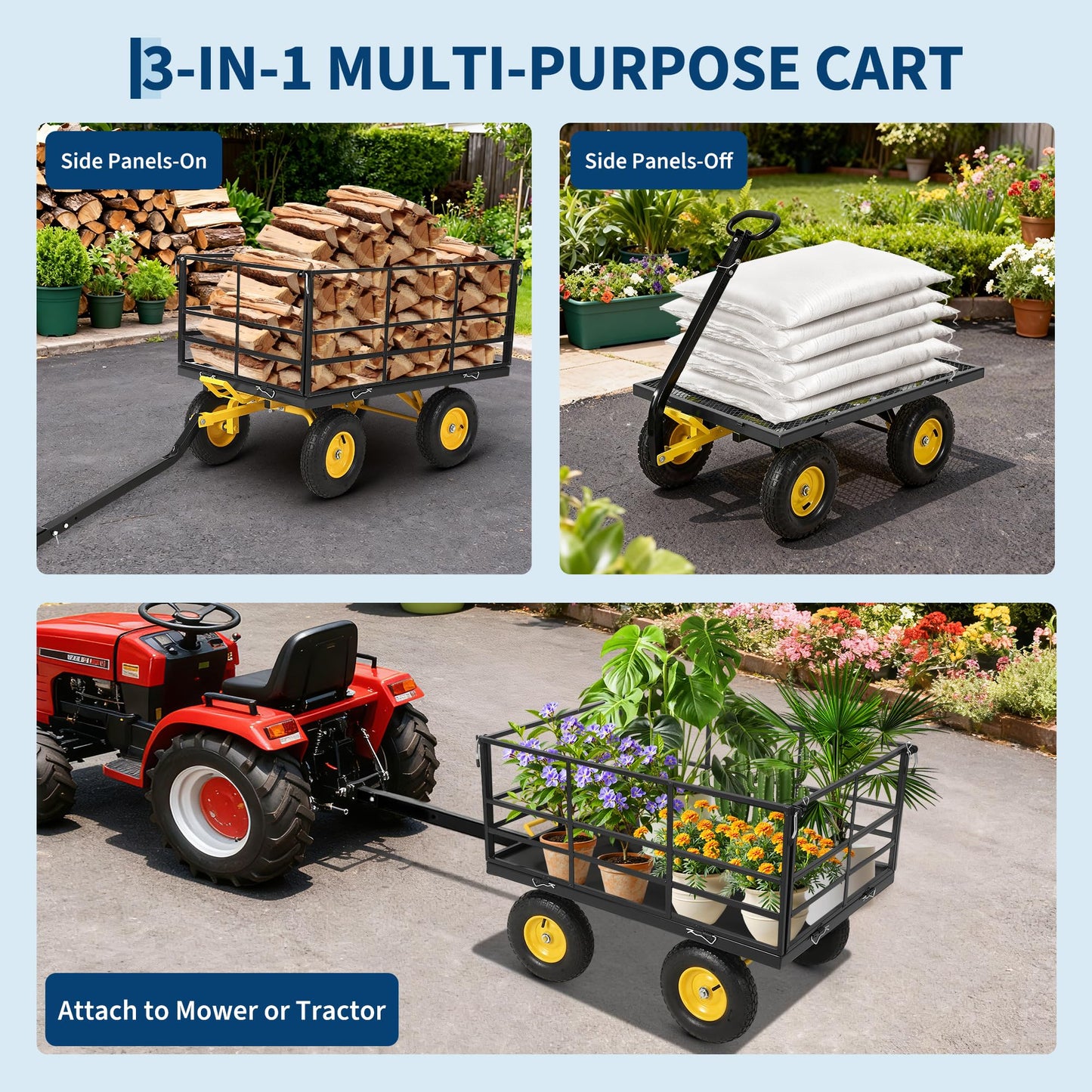 Patikuin 1500 lbs Heavy Duty Steel Garden Cart – Removable Mesh Sides – 13-Inch All-Terrain Wheels – Swivel Yellow Handlebar – Quick Dump – Folding Utility Yard Wagon for Soil, Tools, Plants – Black