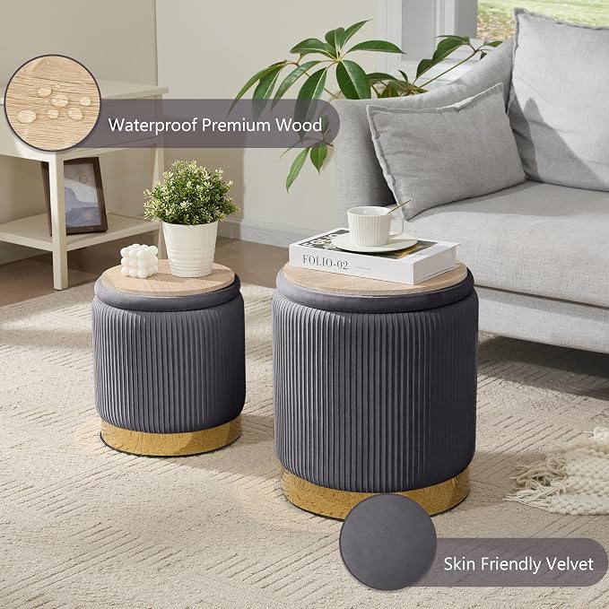 Royal Windsor Round Ottoman with Storage Set of 2, Vanity Stool with Storage for Bedroom, Ottoman Coffee Table Gold-Tone Ring Around the Base, Small Velvet Foot Stool for Living Room, Grey