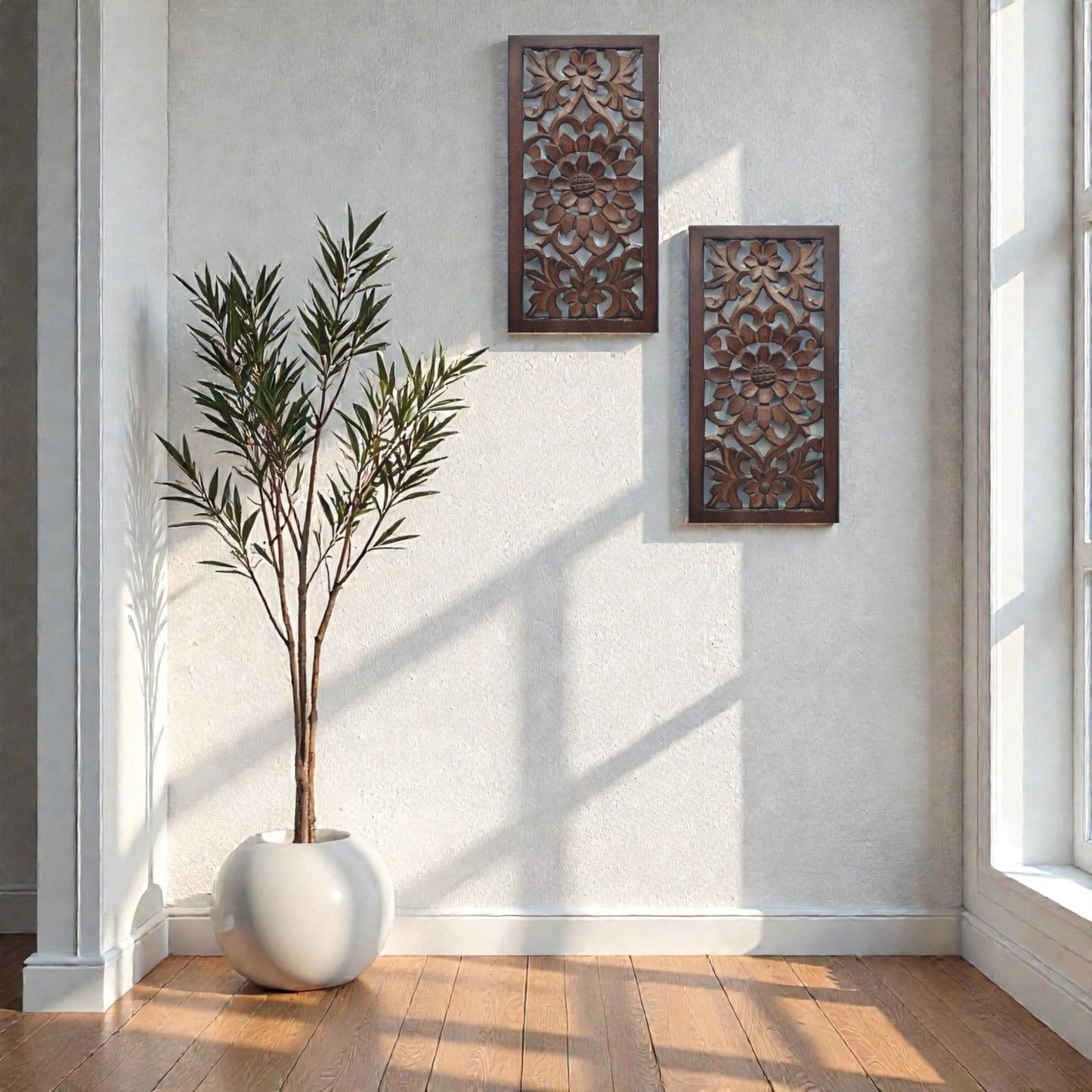 Wood Wall Art -Wall Panels in Handcrafted Carved Wood For Livingroom Bedroom,Dining room,Elegant Decorative Wall Art for Home & Office 8x16" Set of 2 Burnt Brown_ Flowers Designs