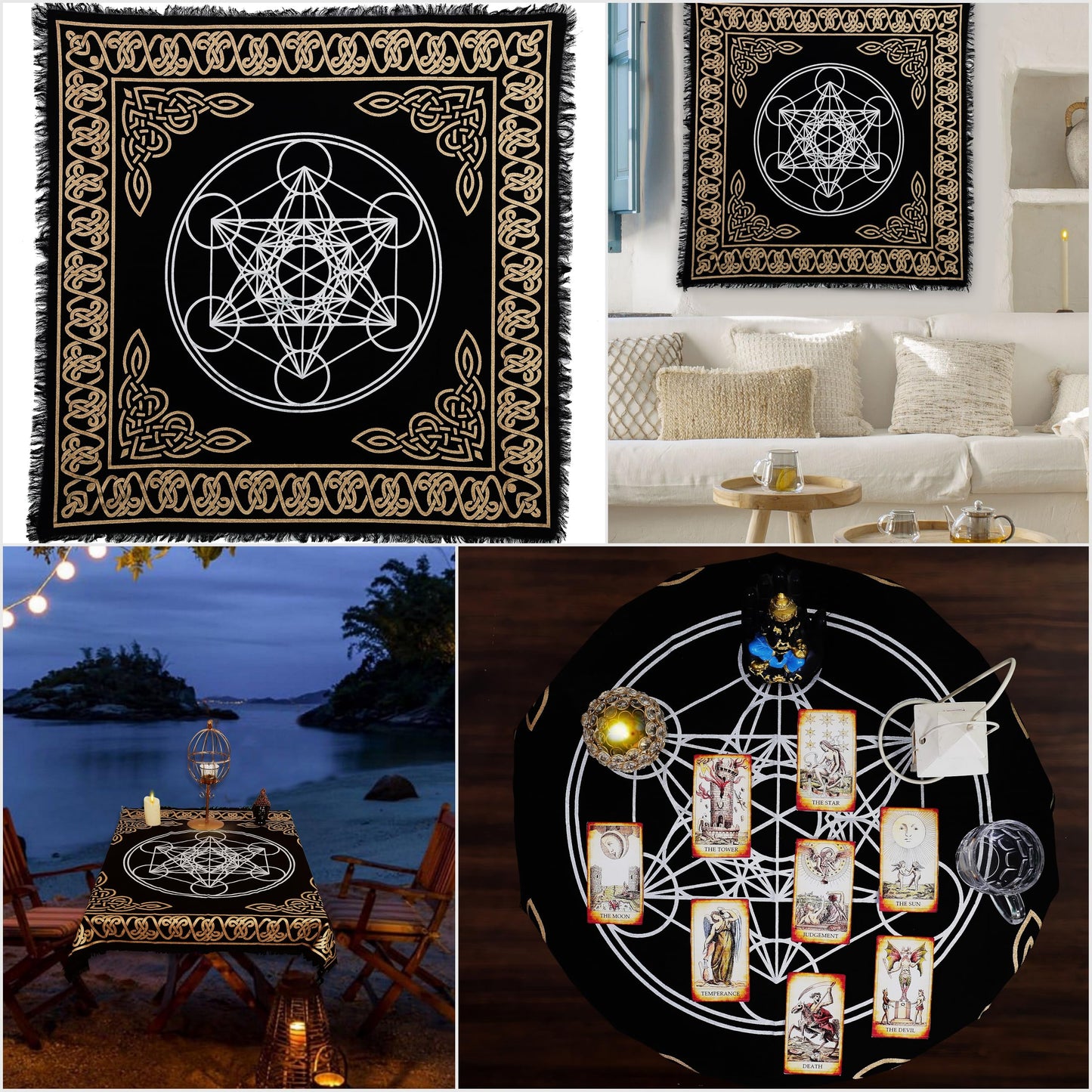 Indian Consigners Altar Cloth Hexagonal Metatron Witchcraft Alter Tarot Spread Top Cloth Wiccan Square Spiritual 18 by 18 Sacred (Hexagonal Metatron Gold Silver)
