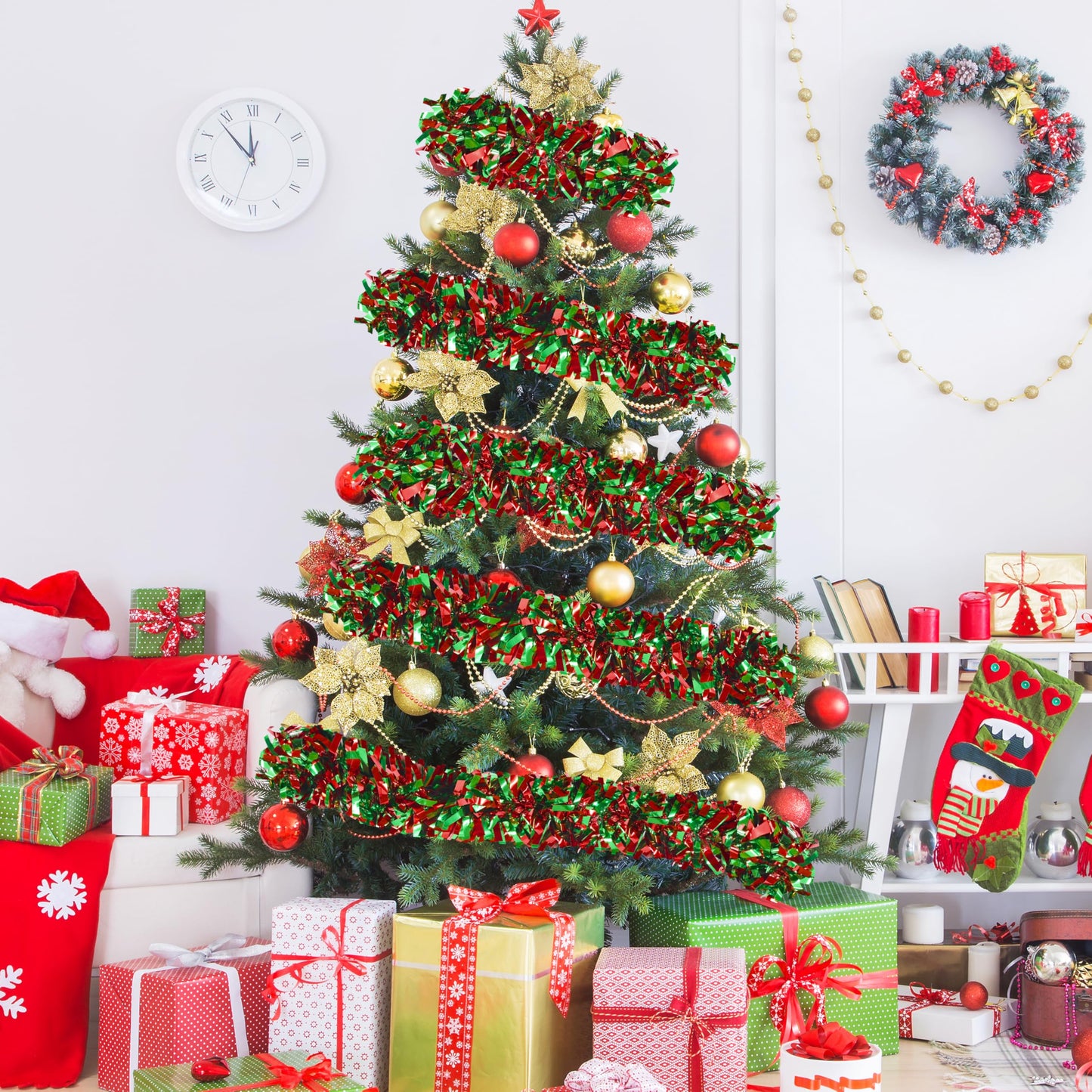 66 Ft Christmas Tinsel Garland Thick Tinsel Garland Xmas Tree Decorations Metallic Tinsel Twist Garland for Christmas, Birthday, Party Decor Indoor Outdoor Party Supplies (Green-Red)