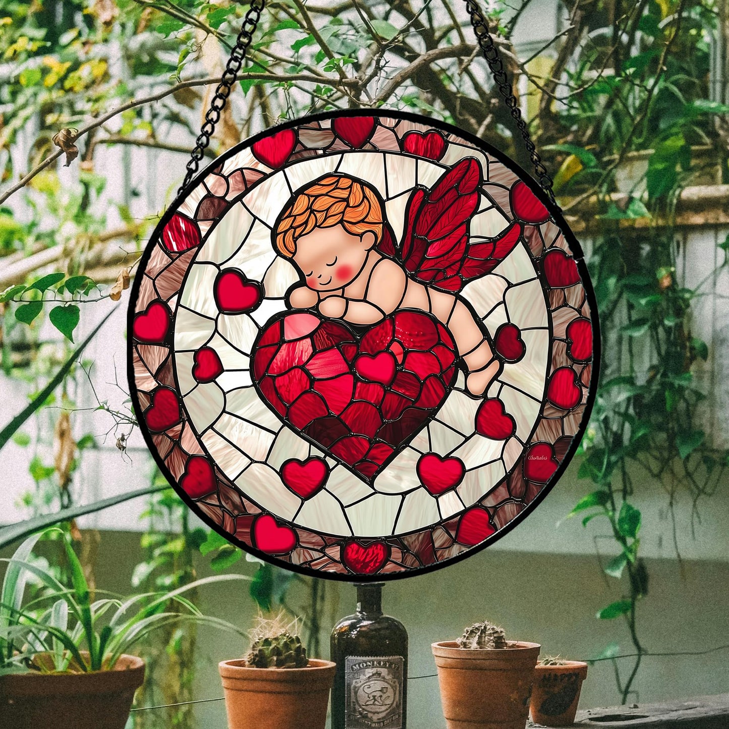 AMDERVEN Stained Glass Window Hanging - Red Love Angel Sun Catcher for Door Garden Home Decor Cute Suncatcher Christmas Mother's Day Birthday for Women Men Mom Nana 6.3 in