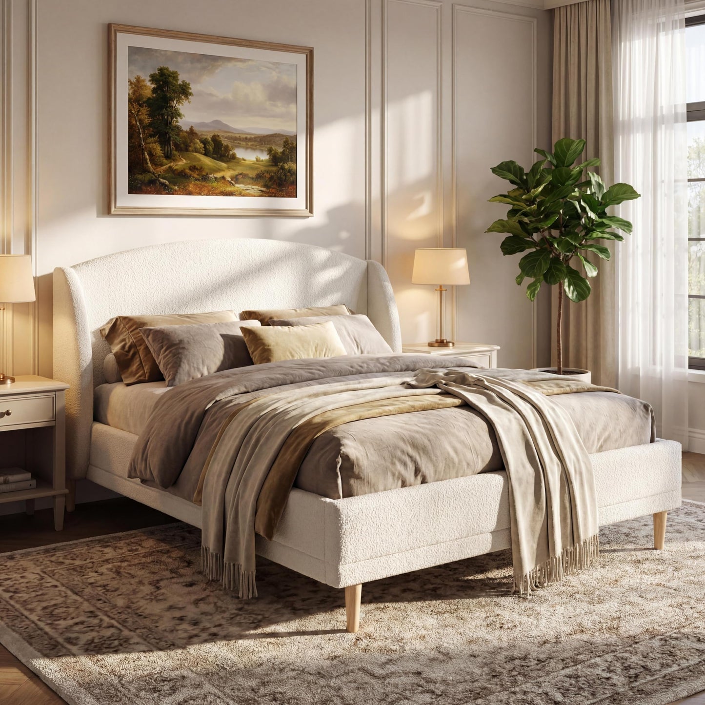 Queen Size Bouclé Upholstered Platform Bed Frame with Wingback Headboard, Rounded Corners, Modern Fabric Bed with Wood Slats Support, No Box Spring Needed, White