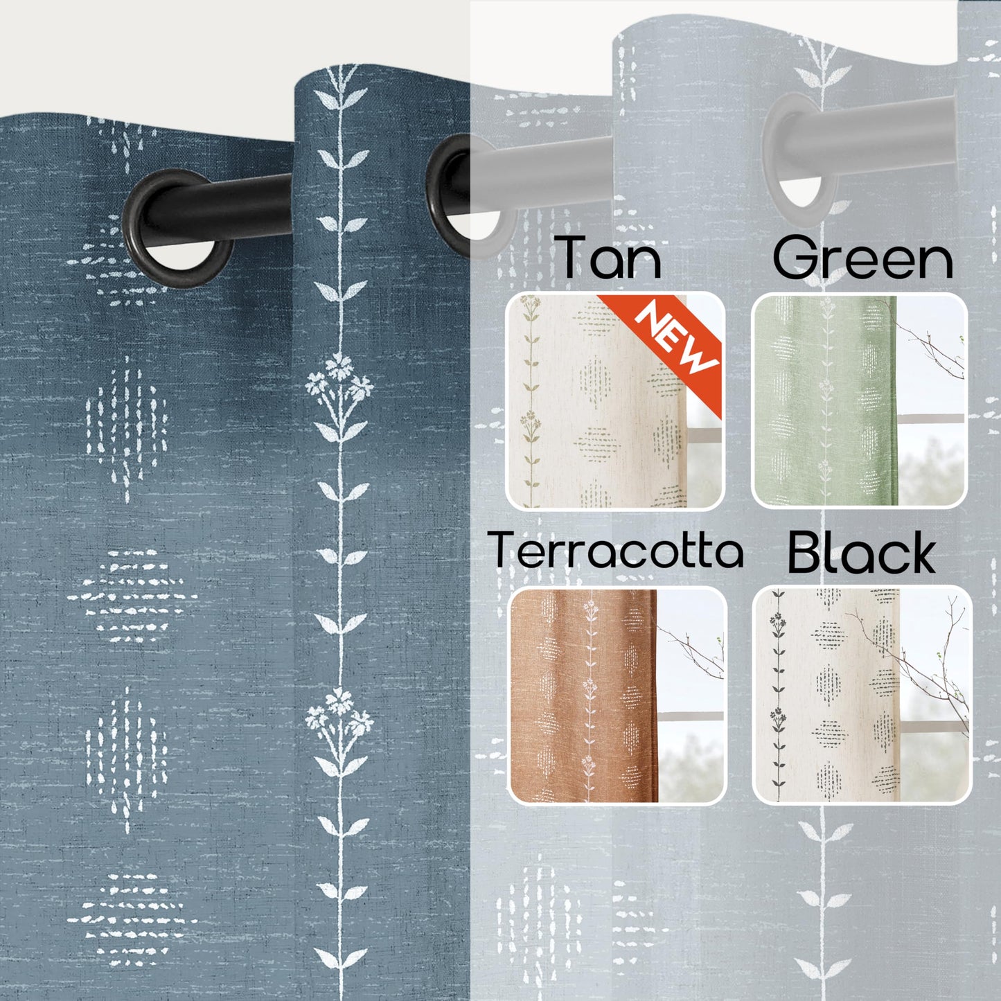 Denim Blue Modern Farmhouse Curtains, Vintage Dusty Blue Grey Chambray Linen Scandinavian Global Inspired Tie Dye Ikat Look Curtains for Living Room Bedroom