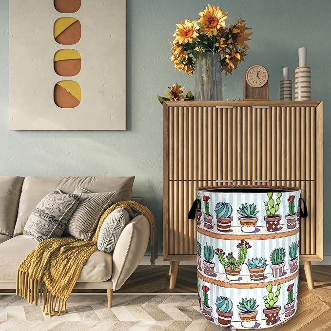 Cute Cactus Laundry Basket Tropical Cactus Flower Hamper Foldable Oxford Cloth Green Plants Colorful Tote Bag Clothes Toy Storage Bucket For Bathroom/Laundry Storage/Bedroom 18.9 x 16.5 Inch