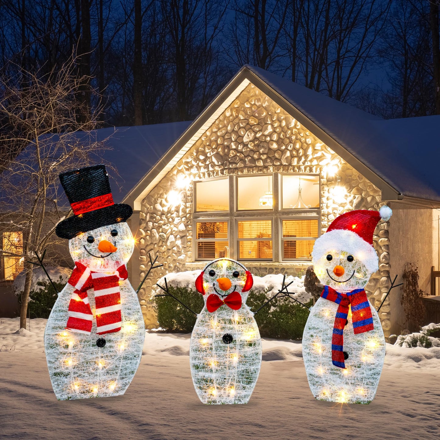 TW SHINE Lighted Christmas Snowman Outdoor Decoration, 3-Piece Pre-Lit 2D Snowman Family Set with 55 Warm White Lights, Christmas Yard Decorations for Patio Lawn Garden Decor, 29.9X12.2Inch-Large