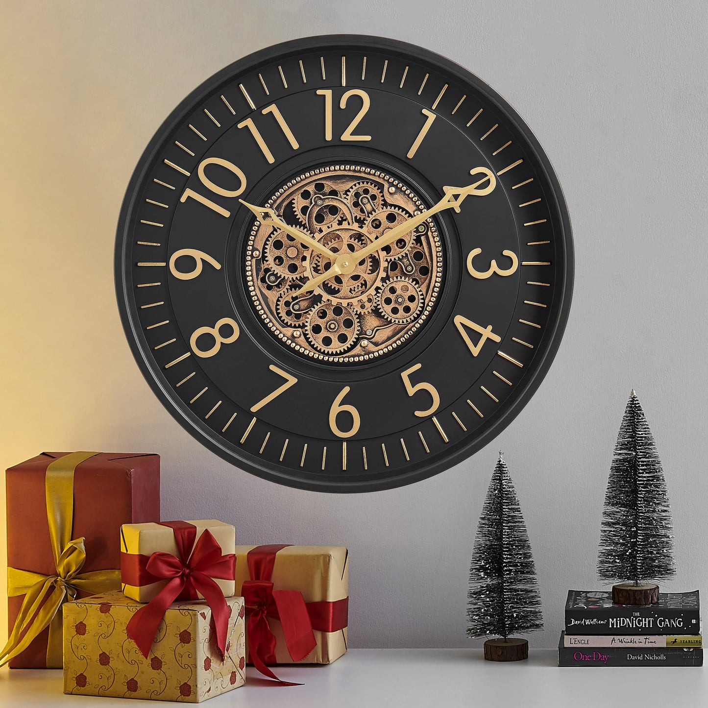CLXEAST 21 Inch Moving Gear Wall Clock, Large Regular Arabic Numeral Wall Clocks for Living Room Decor,Modern Black& Gold Finish,House Warming Gifts New Home