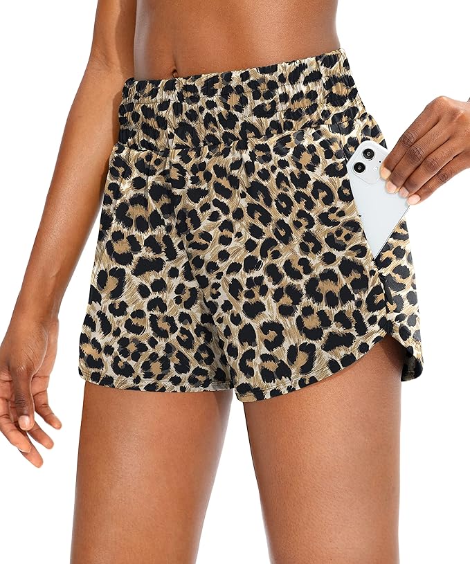 SANTINY Women's Running Shorts with Zip Pockets High Waisted Athletic Workout Gym Shorts for Women with Liner
