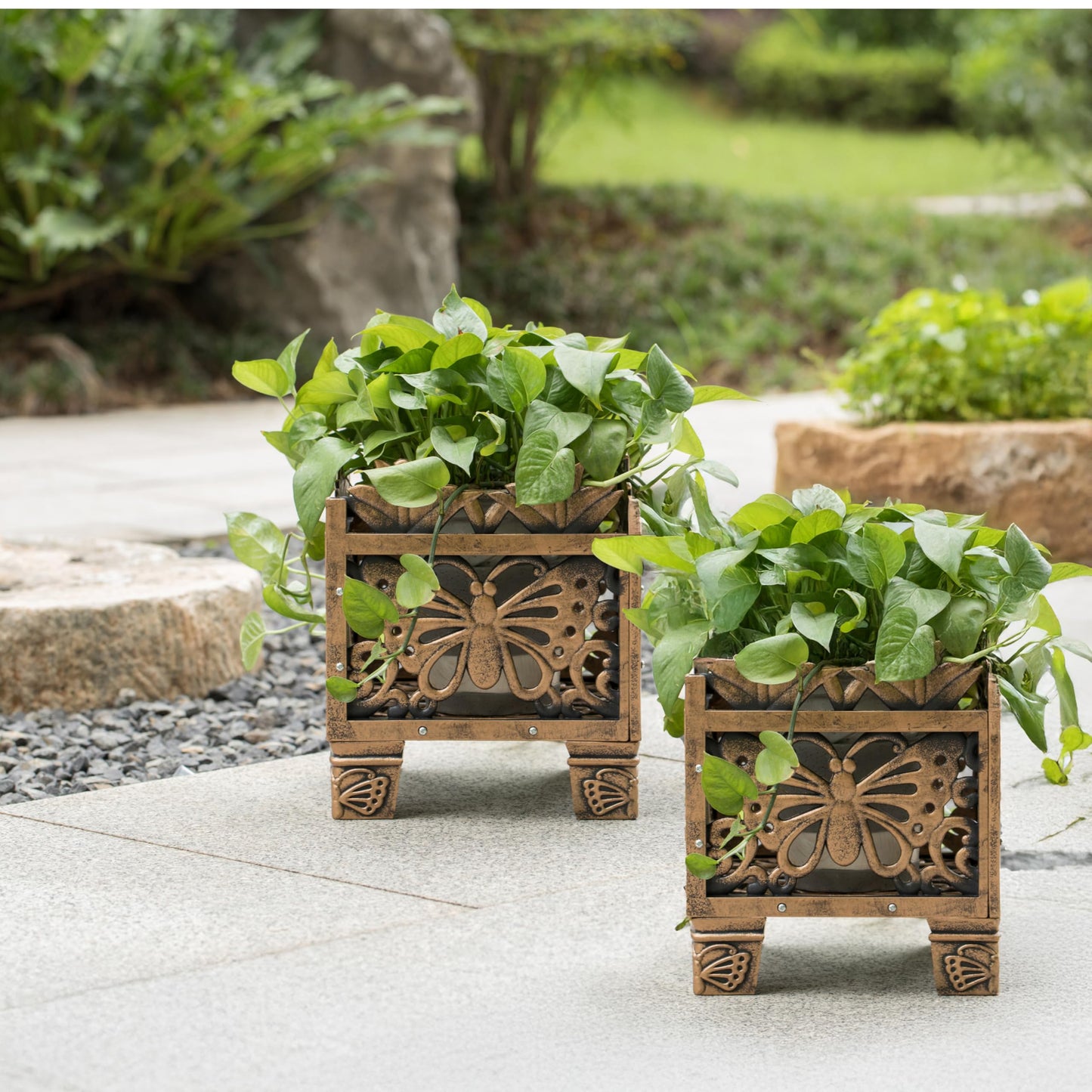 Set of 2 Outdoor Living Butterfly Square Plant Stands, Decorative Flower Planting Pots, Antique Bronze Finish, Garden Patio Decor