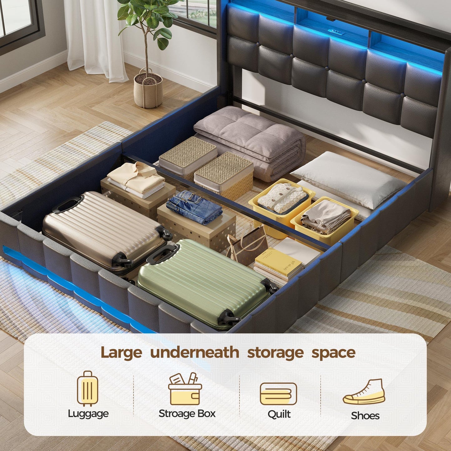 Rolanstar Bed Frame Full Size with Lift Up Storage, Charging Station & LED Lights, Upholstered Storage Headboard, Heavy Duty Wooden Slats, No Box Spring Needed, Noise Free, Easy Assembly, Black
