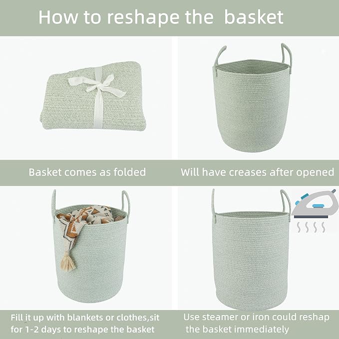 XUANGUO Cotton Rope Laundry Basket Hamper for Clothes Woven Storage Basket for Living Room Bedroom Boho Tall Rope Baskets for Blanket Toys Pillow Towels Baby Nursery Hamper Bin green
