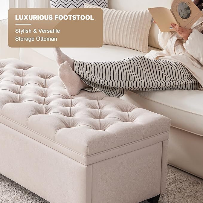 Mangodan 50" Storage Ottoman Bench, Tufted Ottoman with Storage for Living Room, Large End of Bed Ottomans, Modern Entryway Benchs, Window & Bedroom Benches for Foot of Bed (Beige)