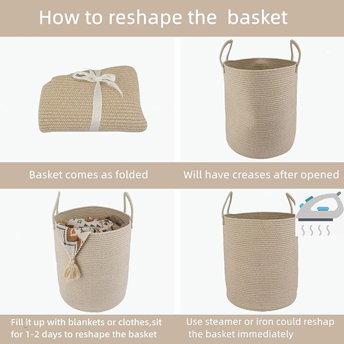 XUANGUO Cotton Rope Laundry Basket Hamper for Clothes Woven Storage Basket for Living Room Bedroom Boho Tall Rope Baskets for Blanket Toys Pillow Towels Baby Nursery Hamper Bin oatmeal