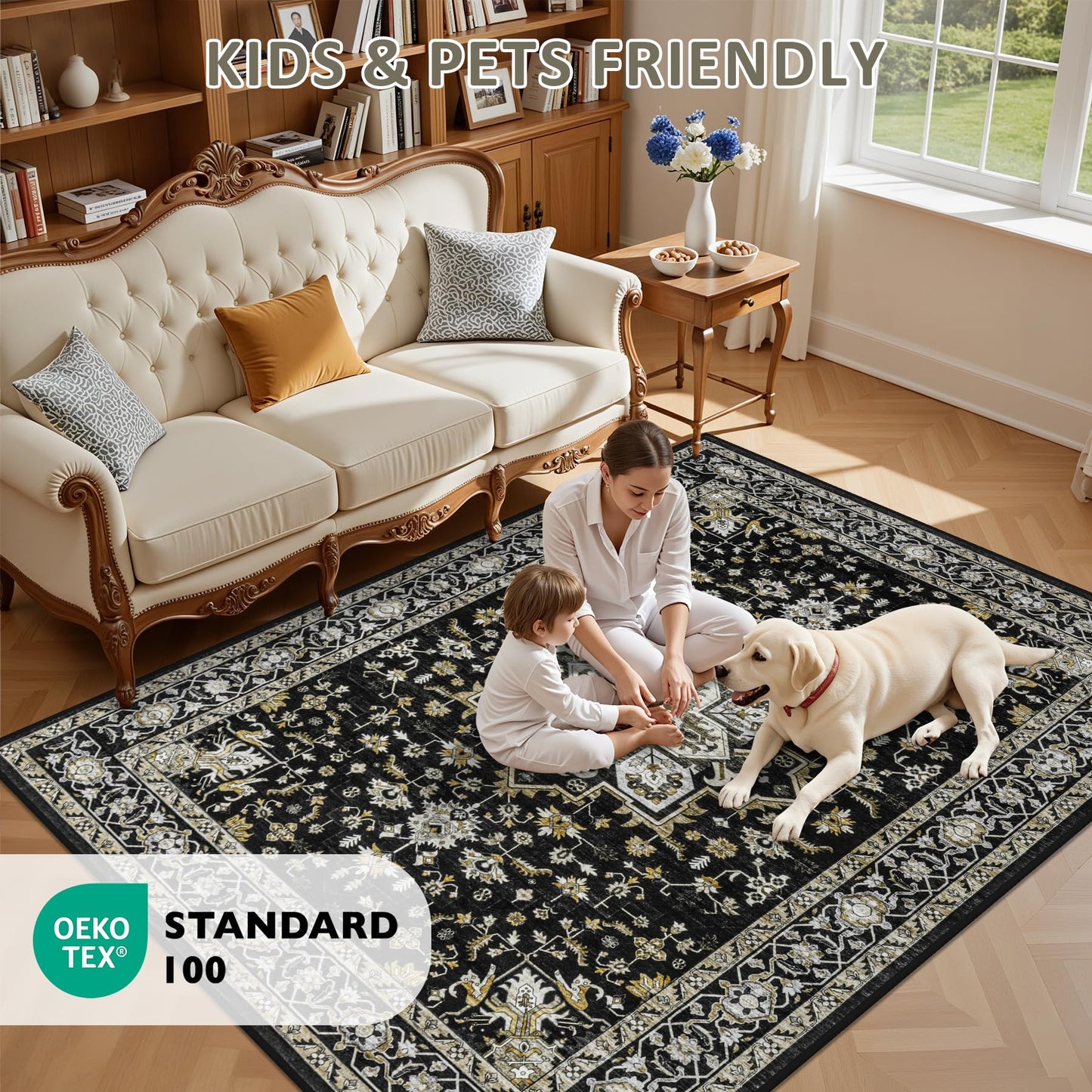 3x5 Area Rugs Living Room Rug: Washable Vintage Boho Medallion Rug No Slip Stain Resistant Soft Carpet Indoor Large Carpets for Bedroom Dining Room Farmhouse Nursery Hallway Home Office Black Gold