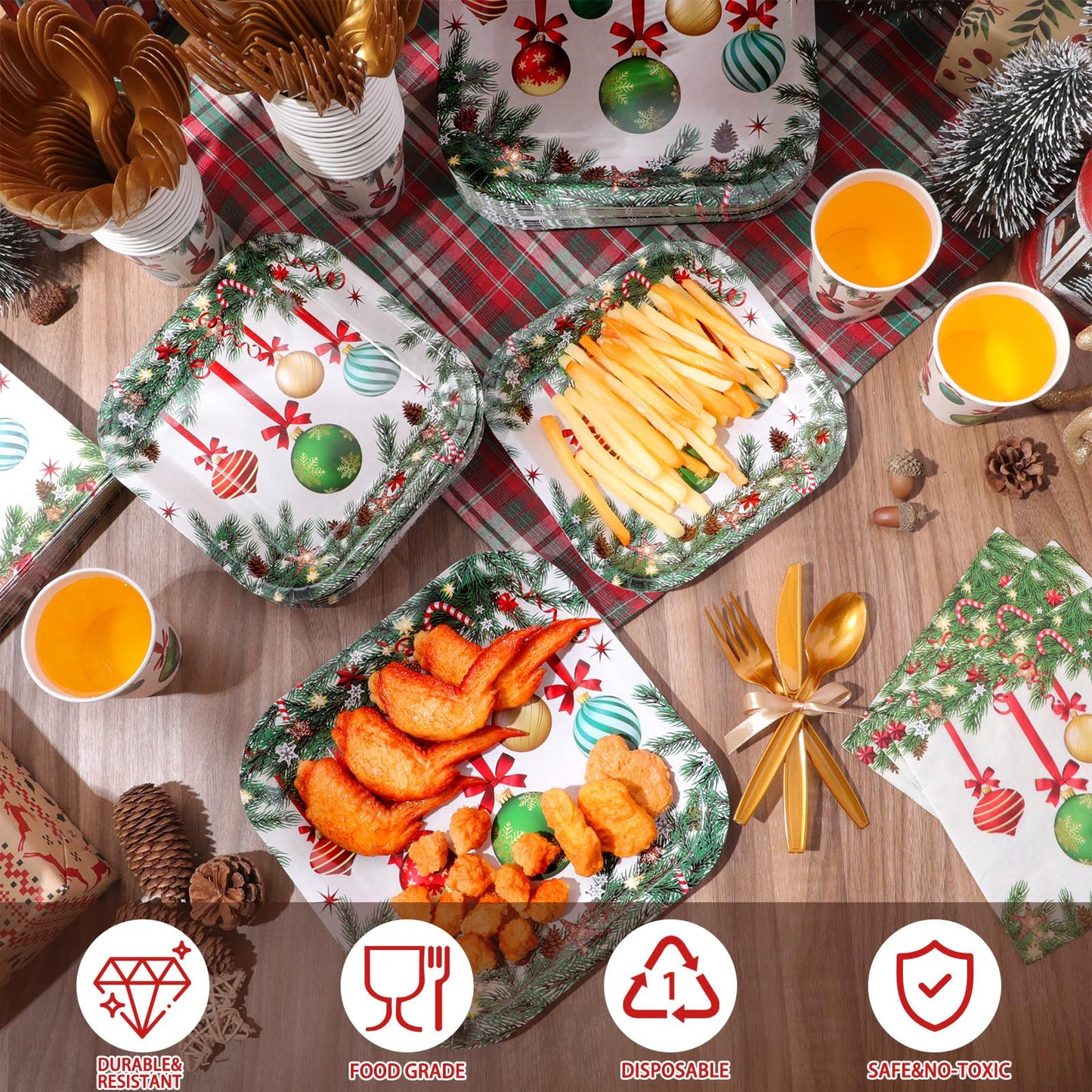 Ziliny 350 Pcs Christmas Party Supplies Christmas Tree Hanging Ball Party Tableware Set Square Paper Plates Disposable Napkins Cups Plastic Cutlery for Xmas Holiday Serves 50 Guests(Xmas Ball)
