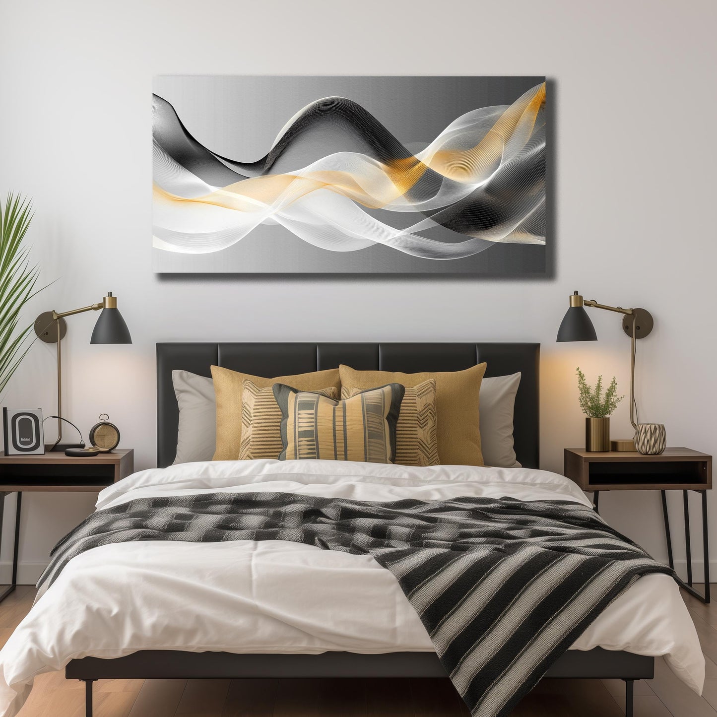 JuhaiArt Abstract Wall Art White Wall Decor for Living Room Office Large Black Canvas Art Picture Gold Artwork 29" x 59" Modern Prints