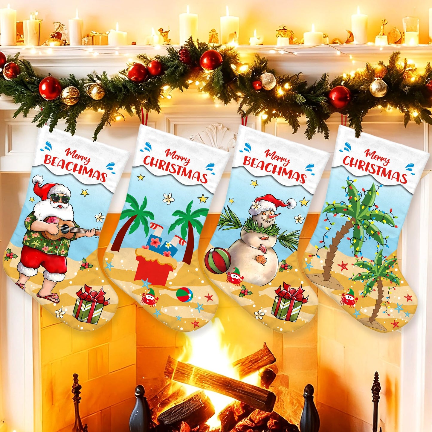 Yarcooly 4 Pack Coastal Christmas Stockings mele Kalikimaka Large Xmas Stocking kit Winter Seasonal Bag Tree Fireplace Decor Beach Christmas Stockings for Home Party Decorations