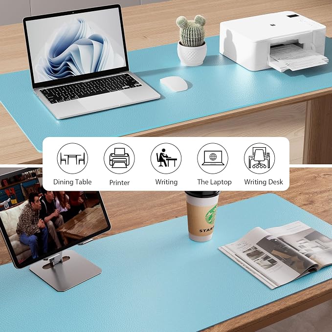 Aothia Large PU Leather Desk Pad Protector – Non-Slip Mouse Pad & Writing Mat for Office/Home, Waterproof, Easy to Clean(23.6" x 13.7", Blue Topaz)