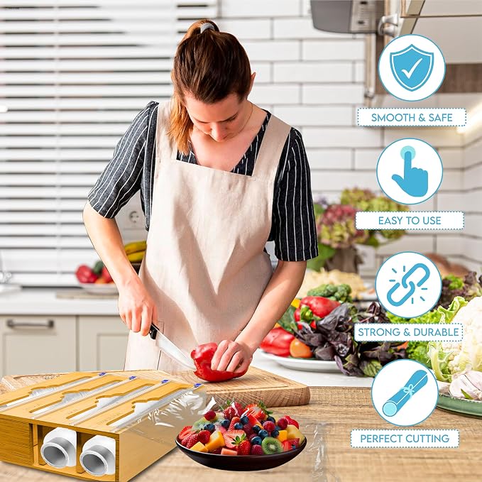 Bamboo Aluminum Foil Organizer & Plastic Wrap Dispenser with Cutter - 4 in 1 Parchment, Wax Paper & Saran Wrap Holder - Tin Foil Food Wrap Organizer for Kitchen Drawer, Countertop & Pantry