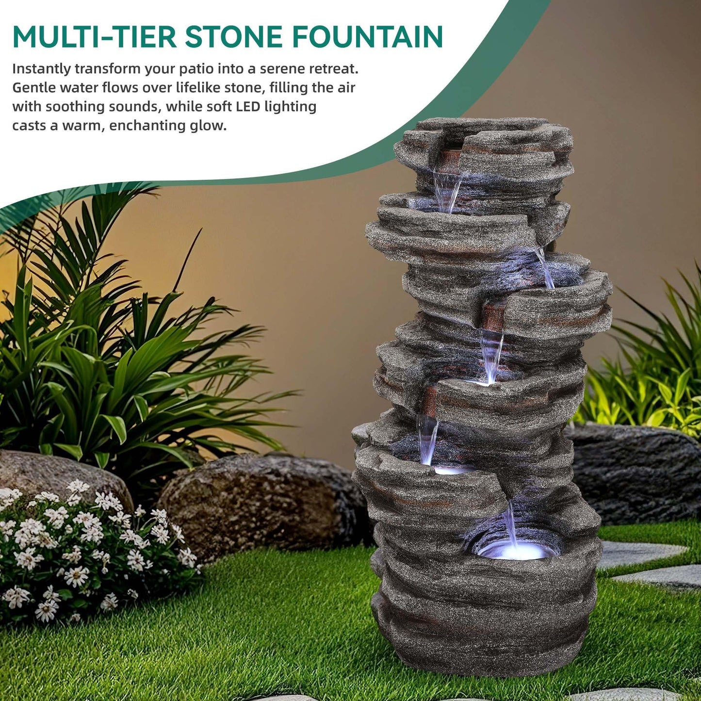 Ultym Extra-Large 6-Tier Outdoor Water Fountain with LED Lights, Cascading Rock Waterfall for Garden Patio Porch, Weather-Resistant Polyresin Water Feature for Tranquil Oasis