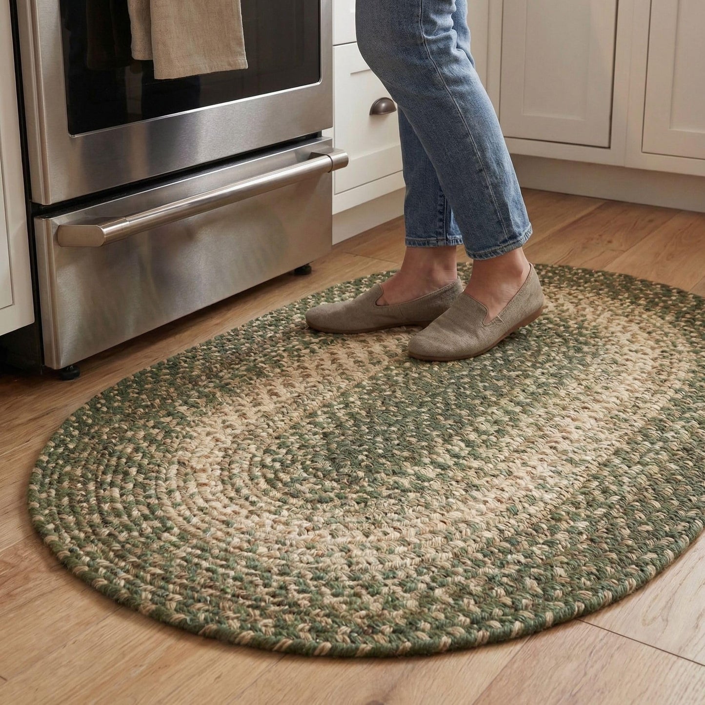 Super Area Rugs Braided Rugs 2X3 Farmhouse Kitchen Rug - Ridgewood Braided Rug for Front Door Entryway - Reversible - Indoor/Outdoor - Made in USA - Forest Green/Beige, 2' W X 3' L Oval