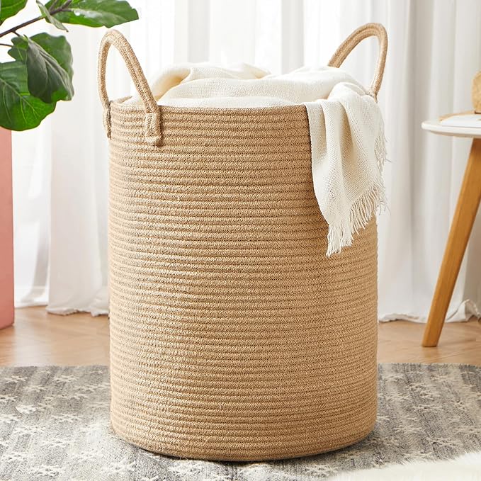 60L Jute Woven Laundry Hamper Basket Wicker Rope Clothes Hamper Tall Rattan Blanket Basket in Living Room Bedroom 15Dx20H Inches Large