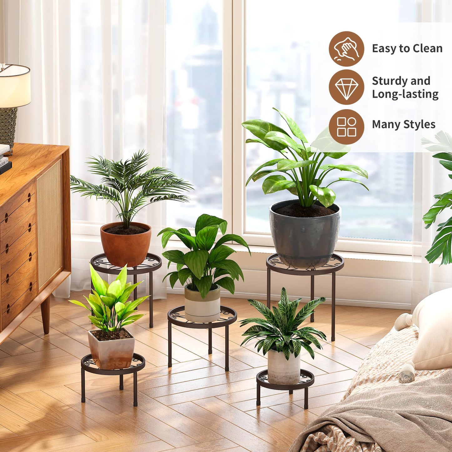 Plant Stand Indoor Outdoor 5 Pack Heavy Duty Metal Stand Multiple Plants, Anti-Rust Iron Flower Pot Stand Decoration Racks Plant Pot Shelf for Living Room Garden Balcony (Brown)