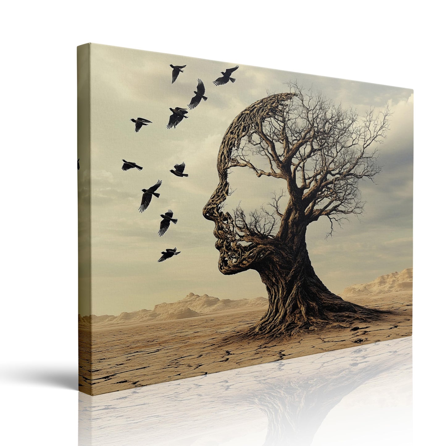 Silhouette of Head from Tree and Birds Canvas Wall Art Framed Thought Provoking Painting Prints Posters Artwork for Modern Wall Decor Contemplative Landscape Art Motivational Gift 16x24 Inches