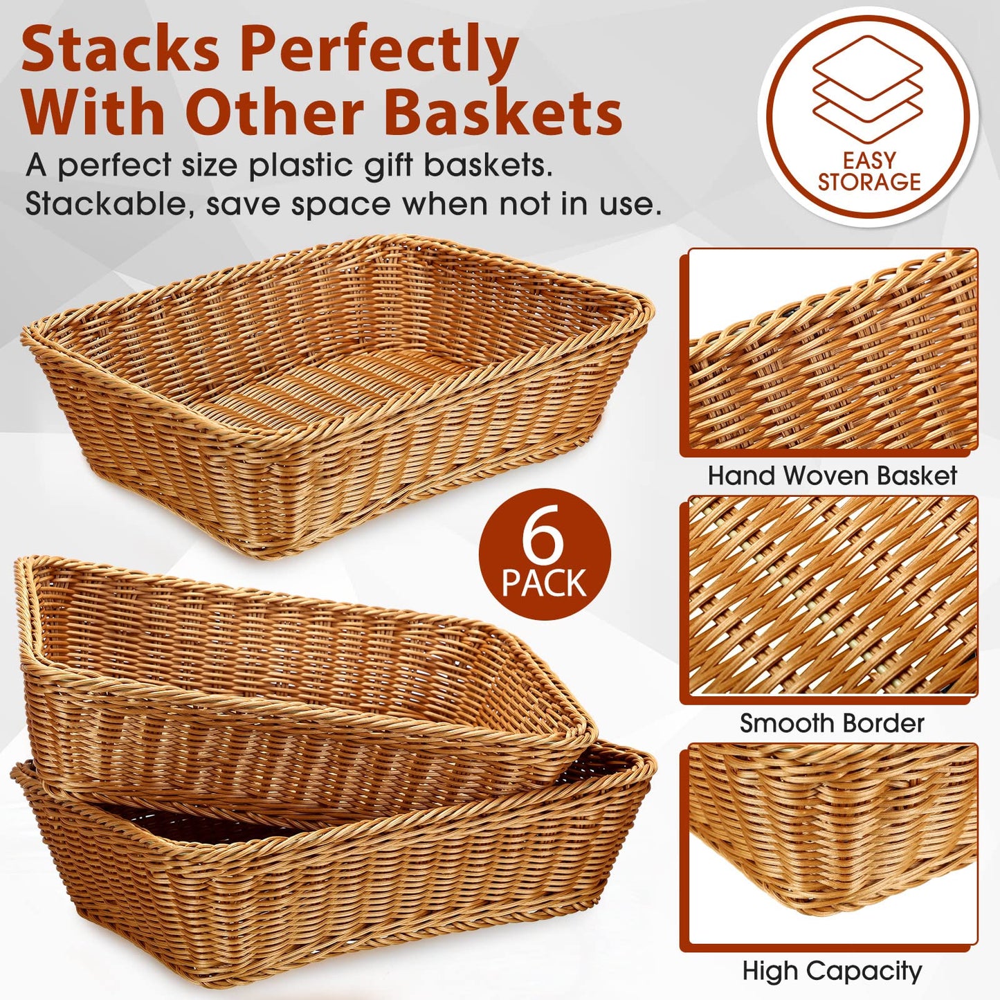 Irenare 6 Pack Wicker Bread Basket 17.7 Inch Woven Bread Serving Baskets for Gifts Poly Rattan Fruit Tabletop Food Trays for Display Vegetables Restaurant Kitchen Snacks