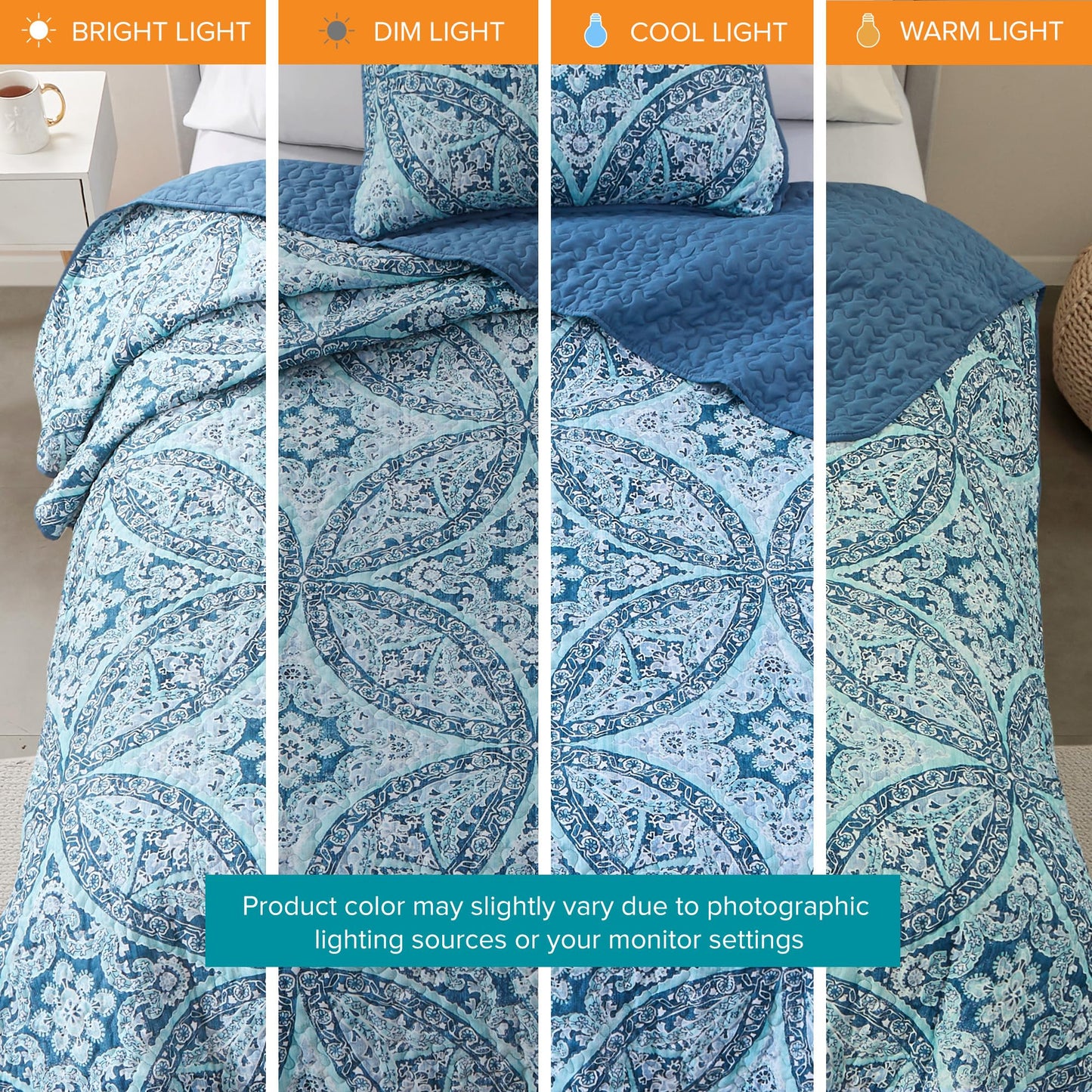 Comfort Spaces Reversible Quilt Set-Vermicelli Stitching Design All Season, Lightweight, Coverlet Bedspread Bedding, Matching Shams, Twin/Twin XL (66 in x 90 in), Gloria Damask Aqua 2 Piece
