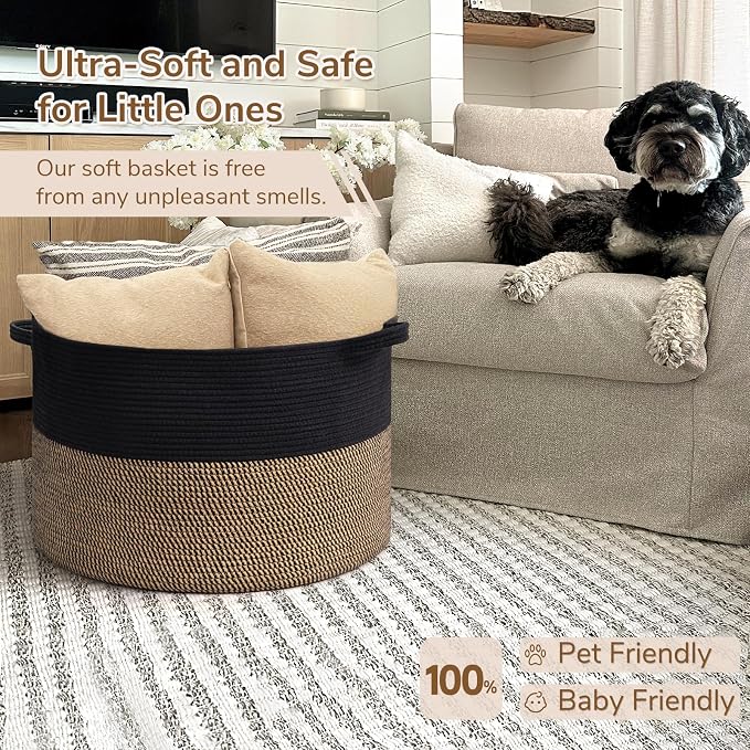 INDRESSME Large Storage Baskets for Organizing, 21.7 x 13.8 Blanket Basket Living Room Dog Toy Bin, Woven Laundry Basket for Dirty Clothes, Pillows, Towel, 90L Mix Black