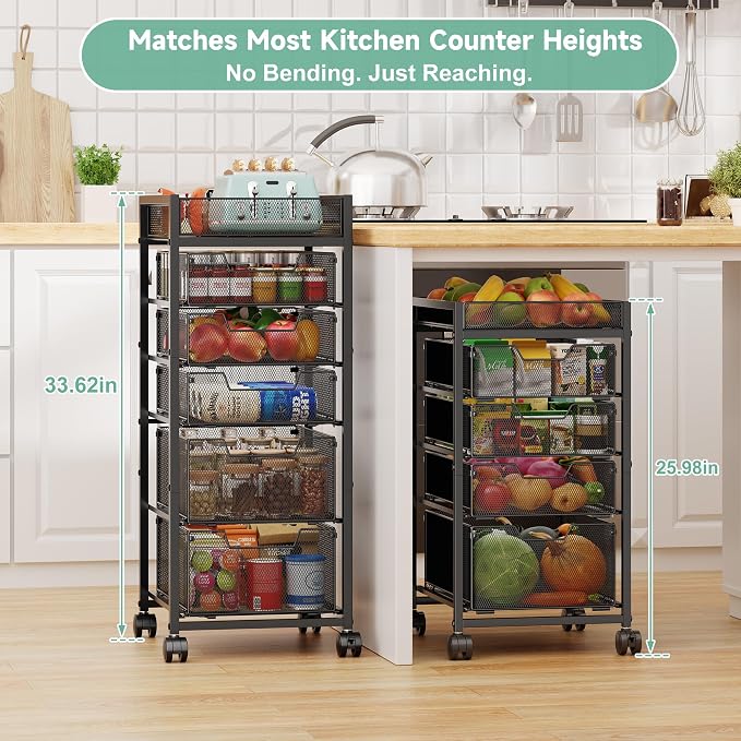 keomaisyto 6-Tier Kitchen Storage Cart with Top Basket & Drawers, Utility Fruit Vegetable Storage Rack on Lockable Wheels, Metal Rolling Snack Cart, Kitchen Organization for Potatoe Onion Can Spice